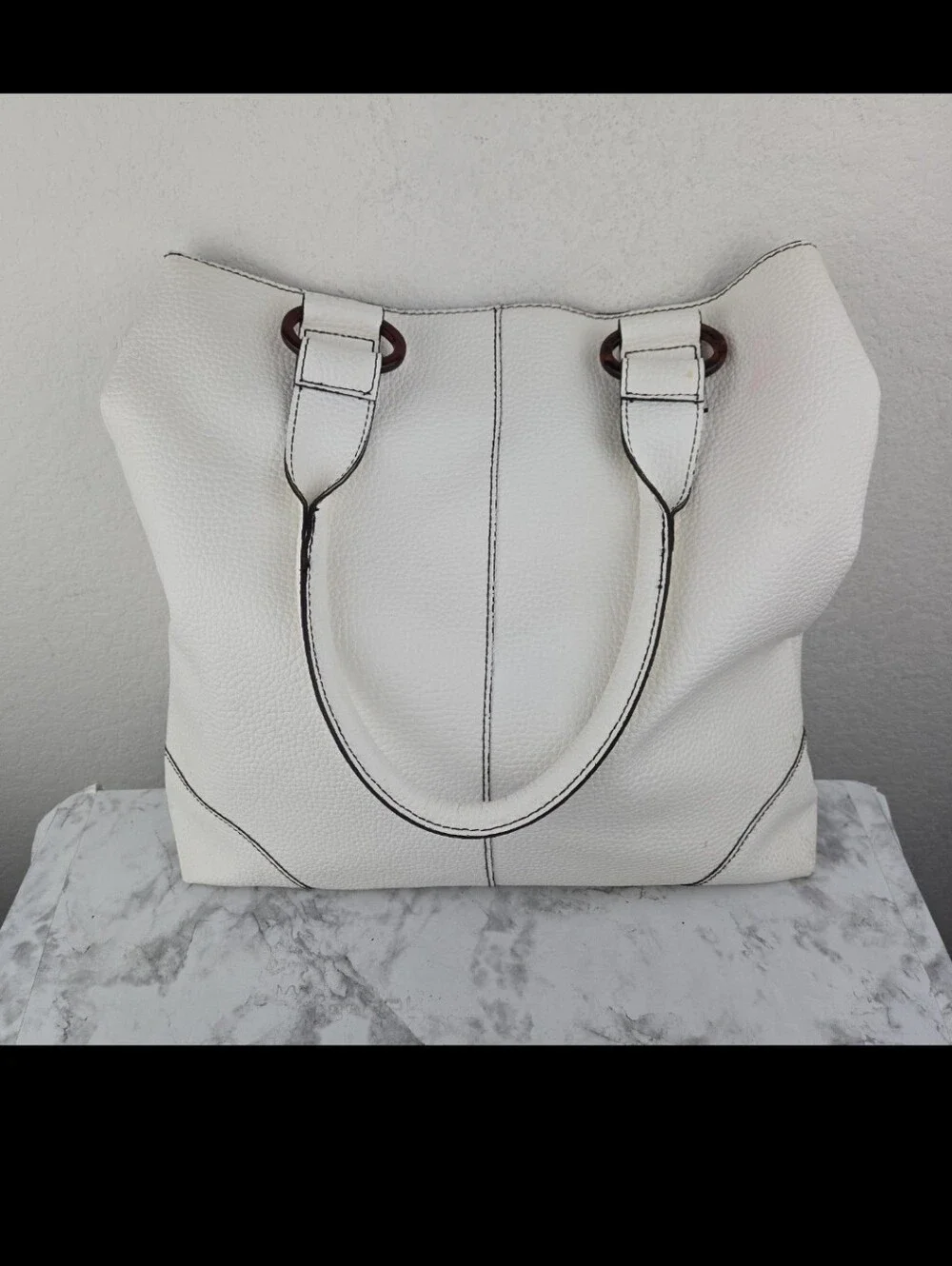 Estee Lauder Classic White Leather Tote Bag with Contrast Stitching